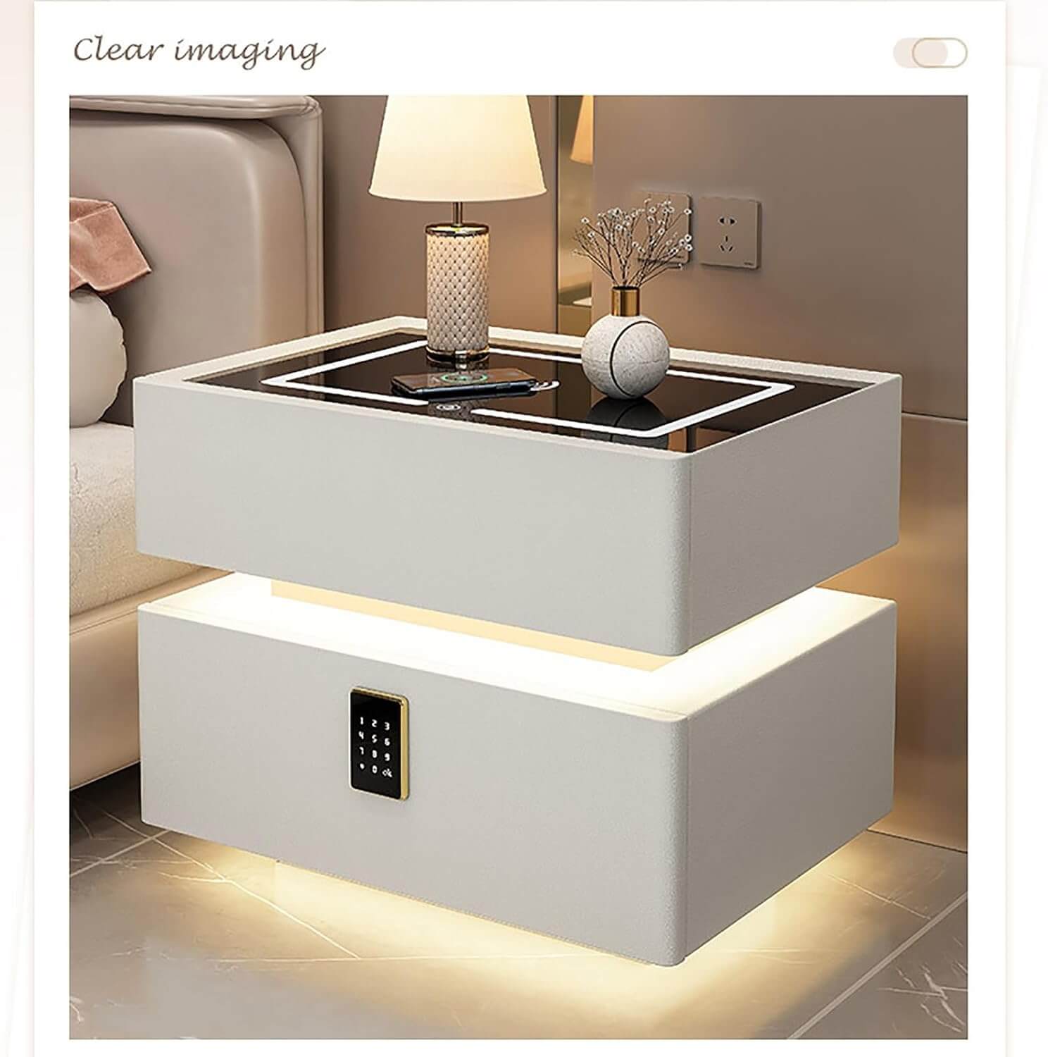 Luxury Floating Smart Bedside Table with Wireless Charging, Digital Password Lock & LED Light