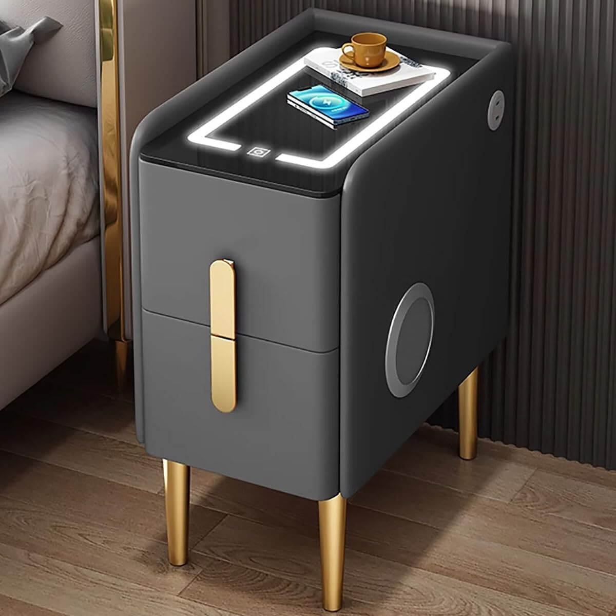 Smart Bedside Table with Wireless Charging, LED Light & Bluetooth Speaker