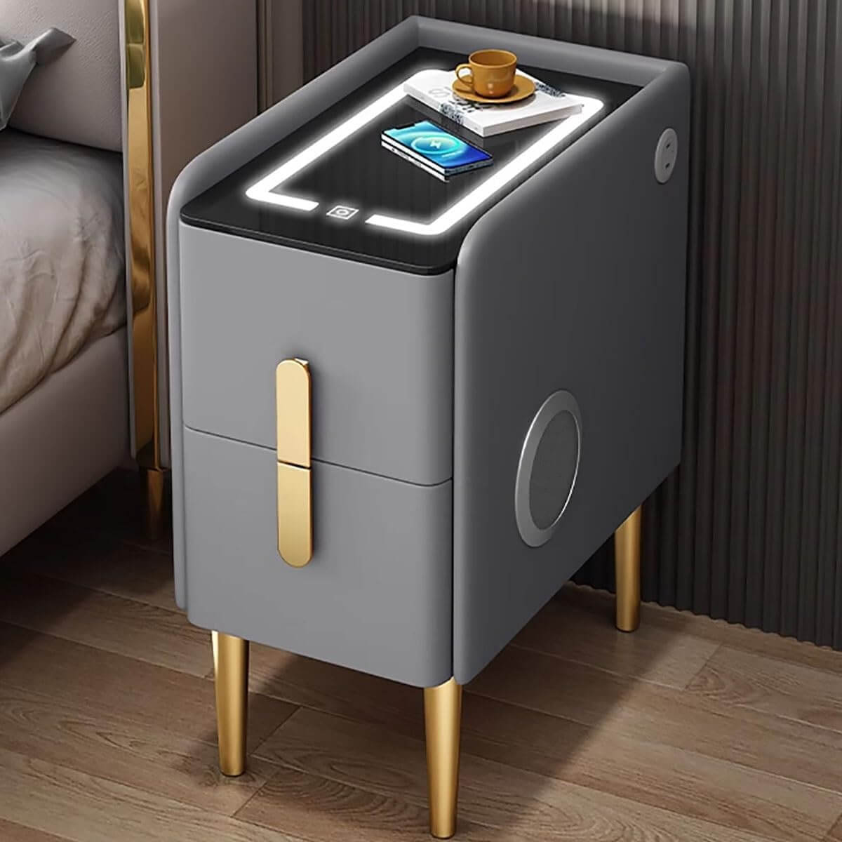 Smart Bedside Table with Wireless Charging, LED Light & Bluetooth Speaker