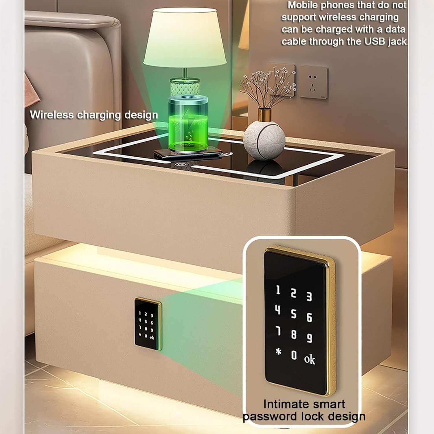 Luxury Floating Smart Bedside Table with Wireless Charging, Digital Password Lock & LED Light