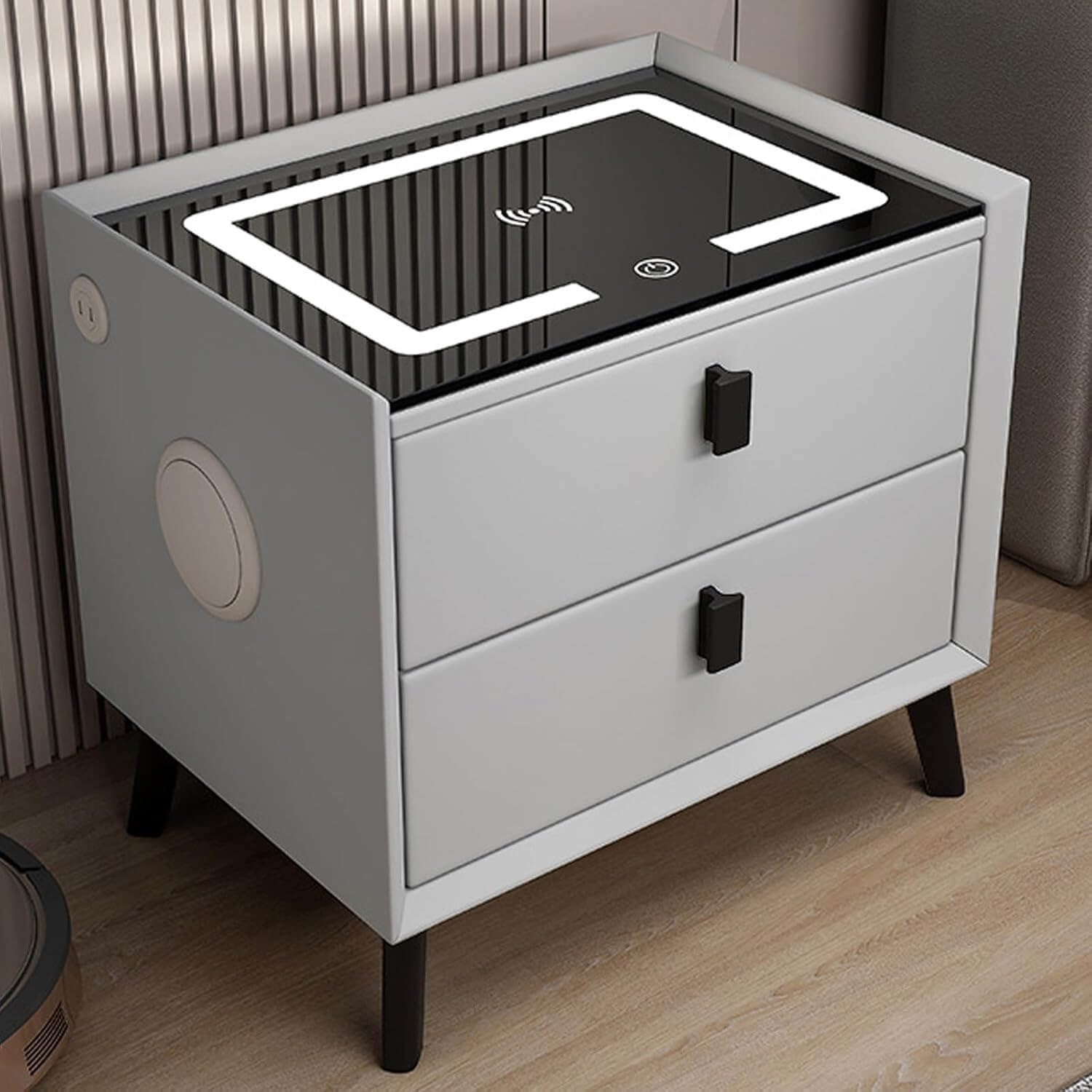 Smart Bedside Table with LED Light, Bluetooth Speaker & Wireless Charging