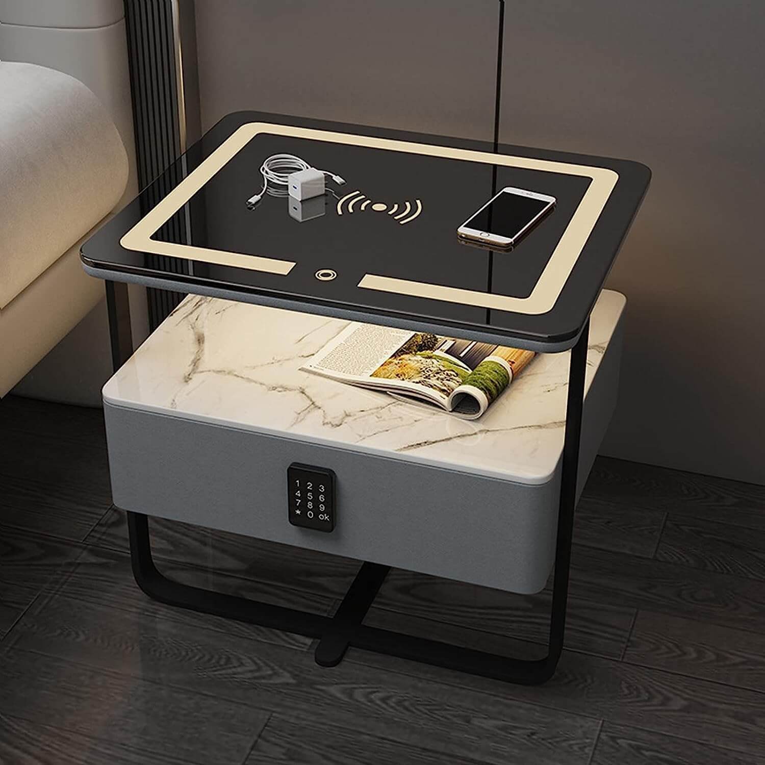 Smart Bedside Table with LED Light, Wireless Charging & Keypad Lock