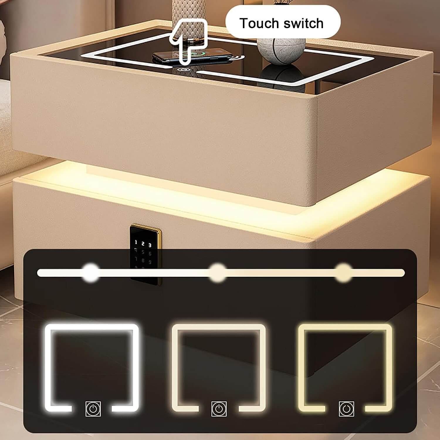 Luxury Floating Smart Bedside Table with Wireless Charging, Digital Password Lock & LED Light