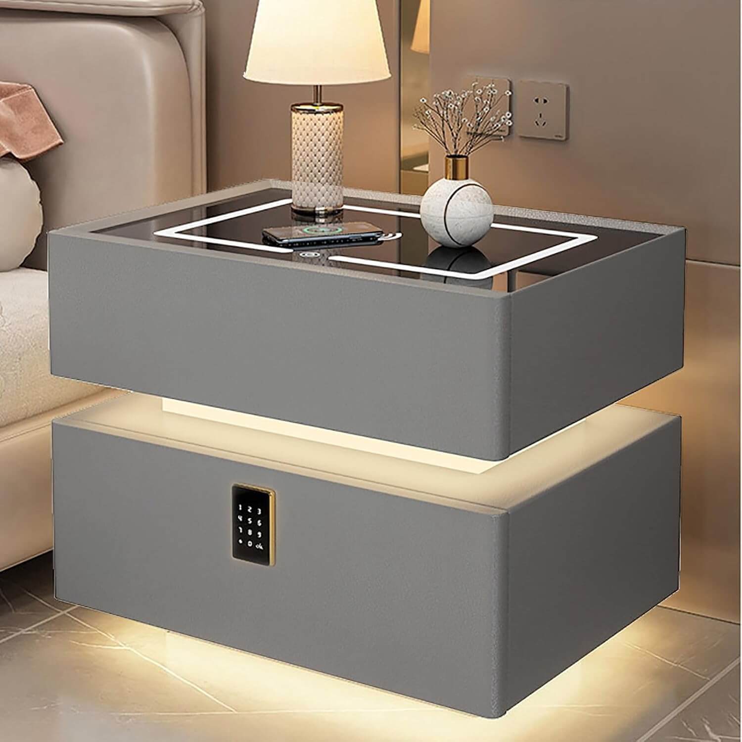 Luxury Floating Smart Bedside Table with Wireless Charging, Digital Password Lock & LED Light