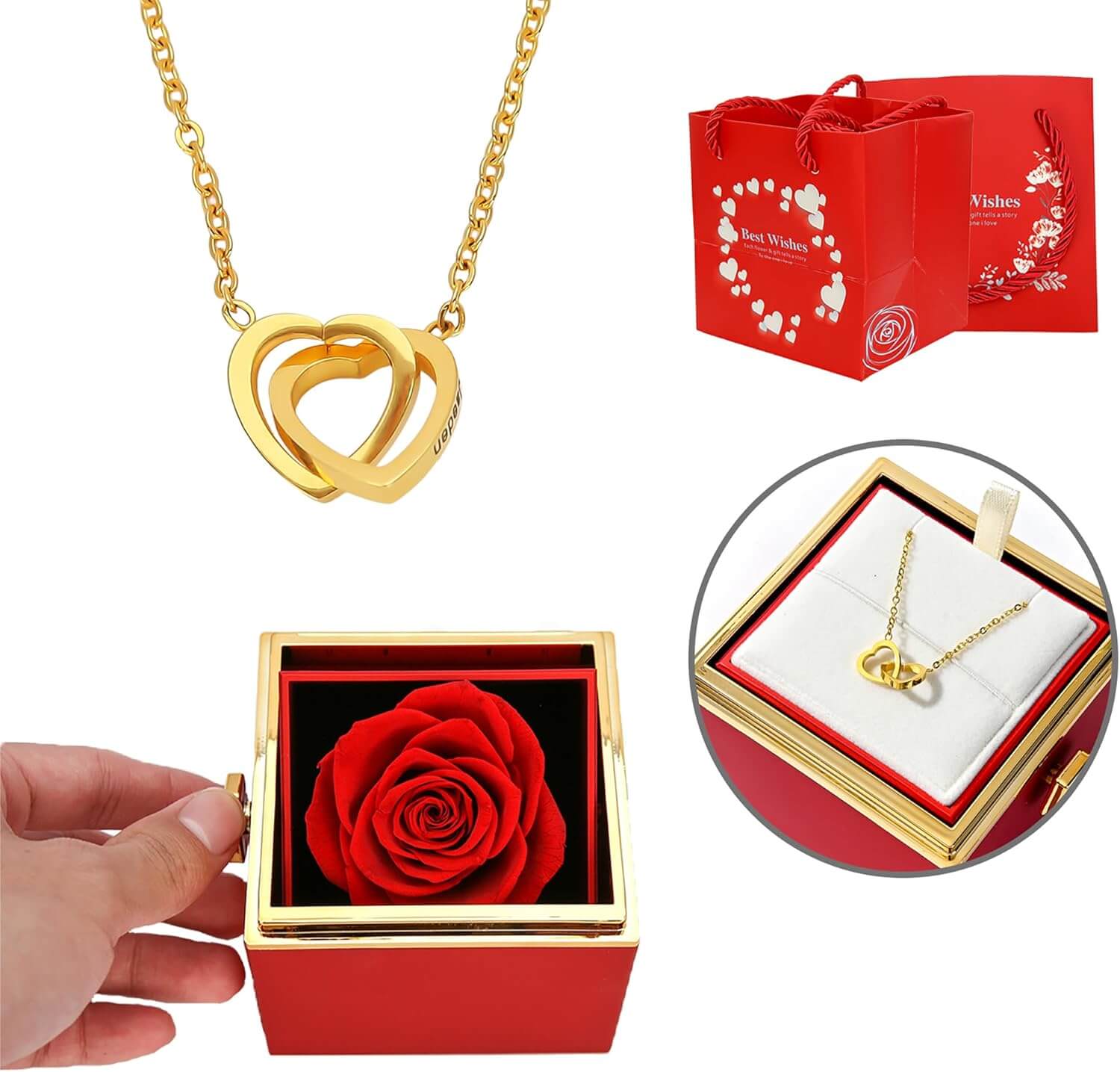 Eternal Rose with Engraved Necklace & Real rose