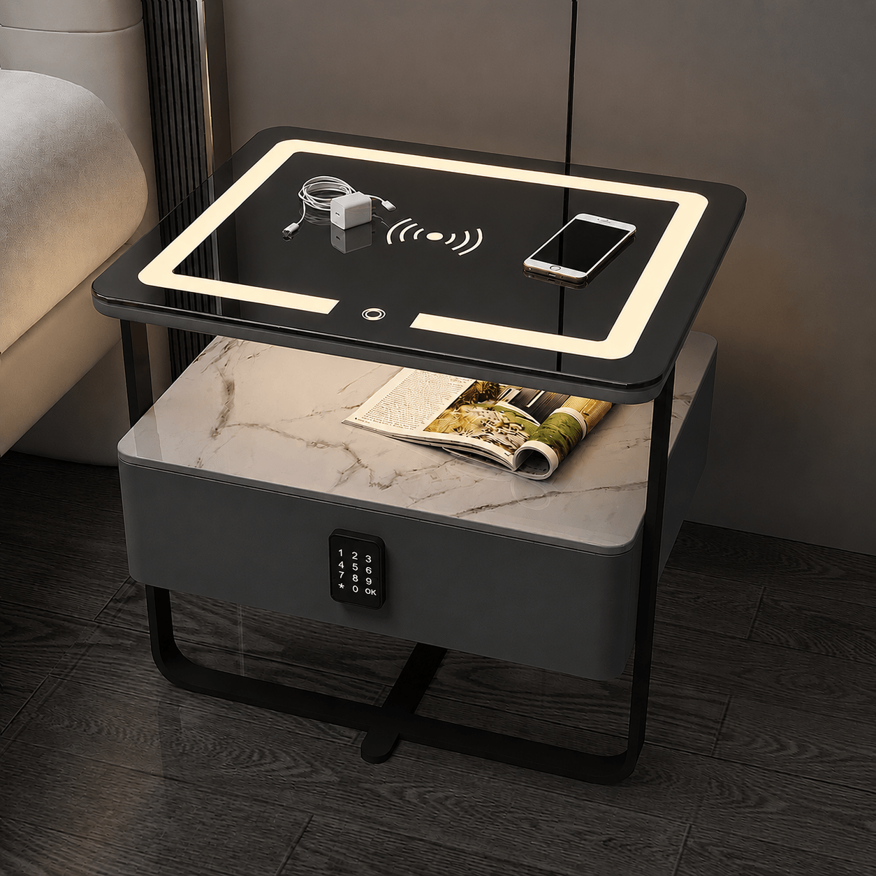 Smart Bedside Table with LED Light, Wireless Charging & Keypad Lock