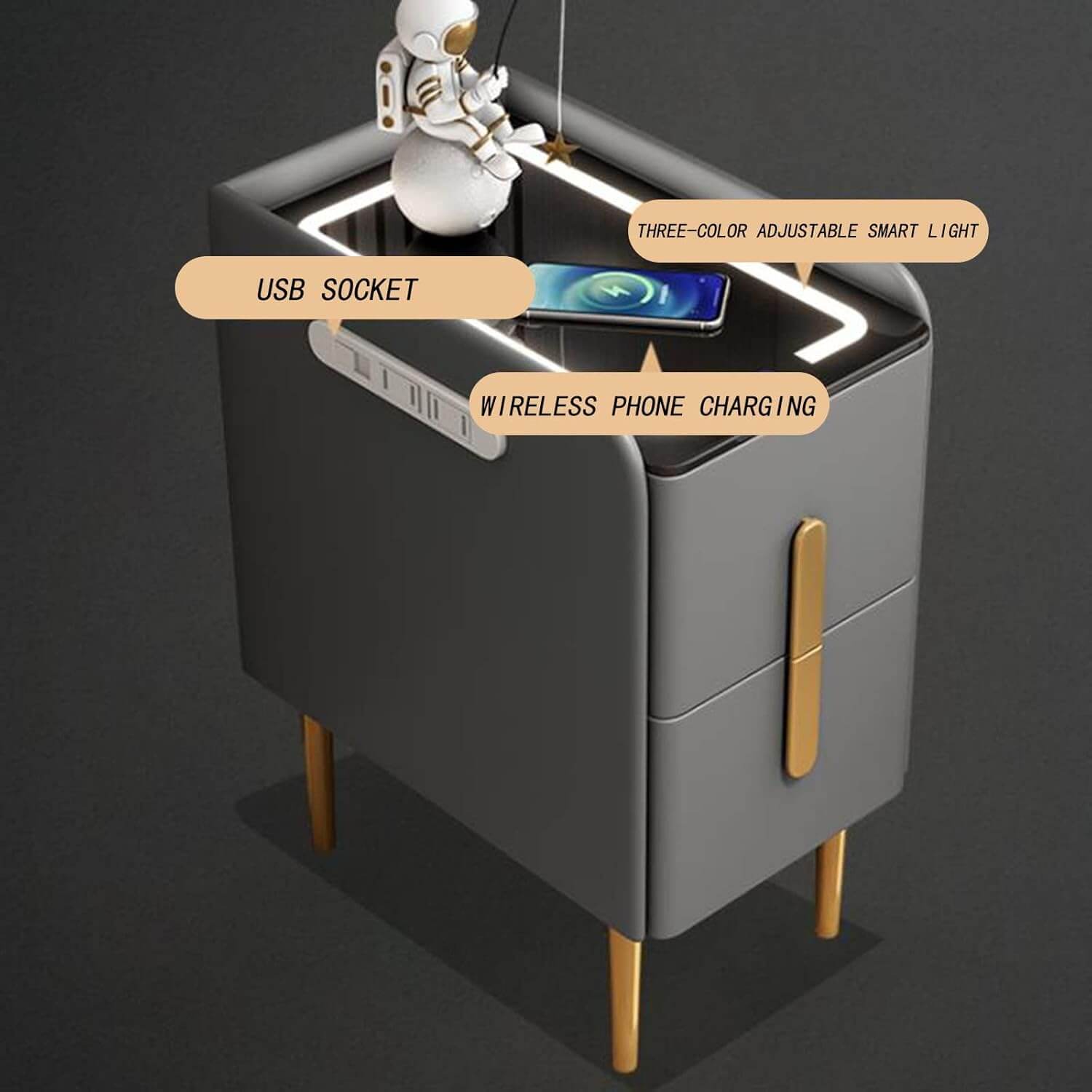 Smart Bedside Table with Wireless Charging, LED Light & Bluetooth Speaker