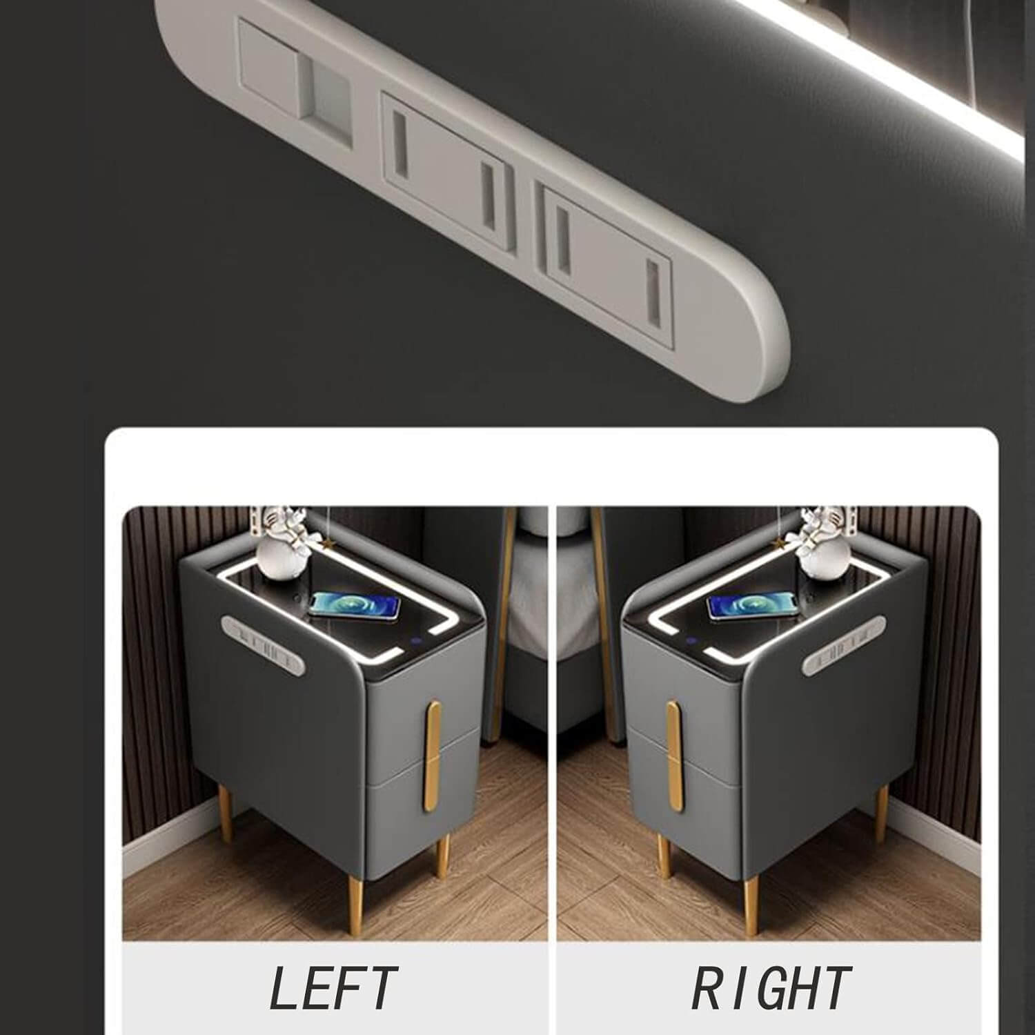 Smart Bedside Table with Wireless Charging, LED Light & Bluetooth Speaker