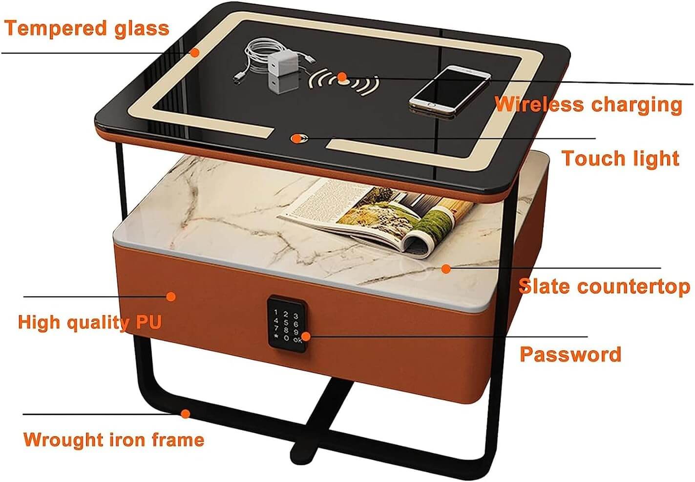 Smart Bedside Table with LED Light, Wireless Charging & Keypad Lock