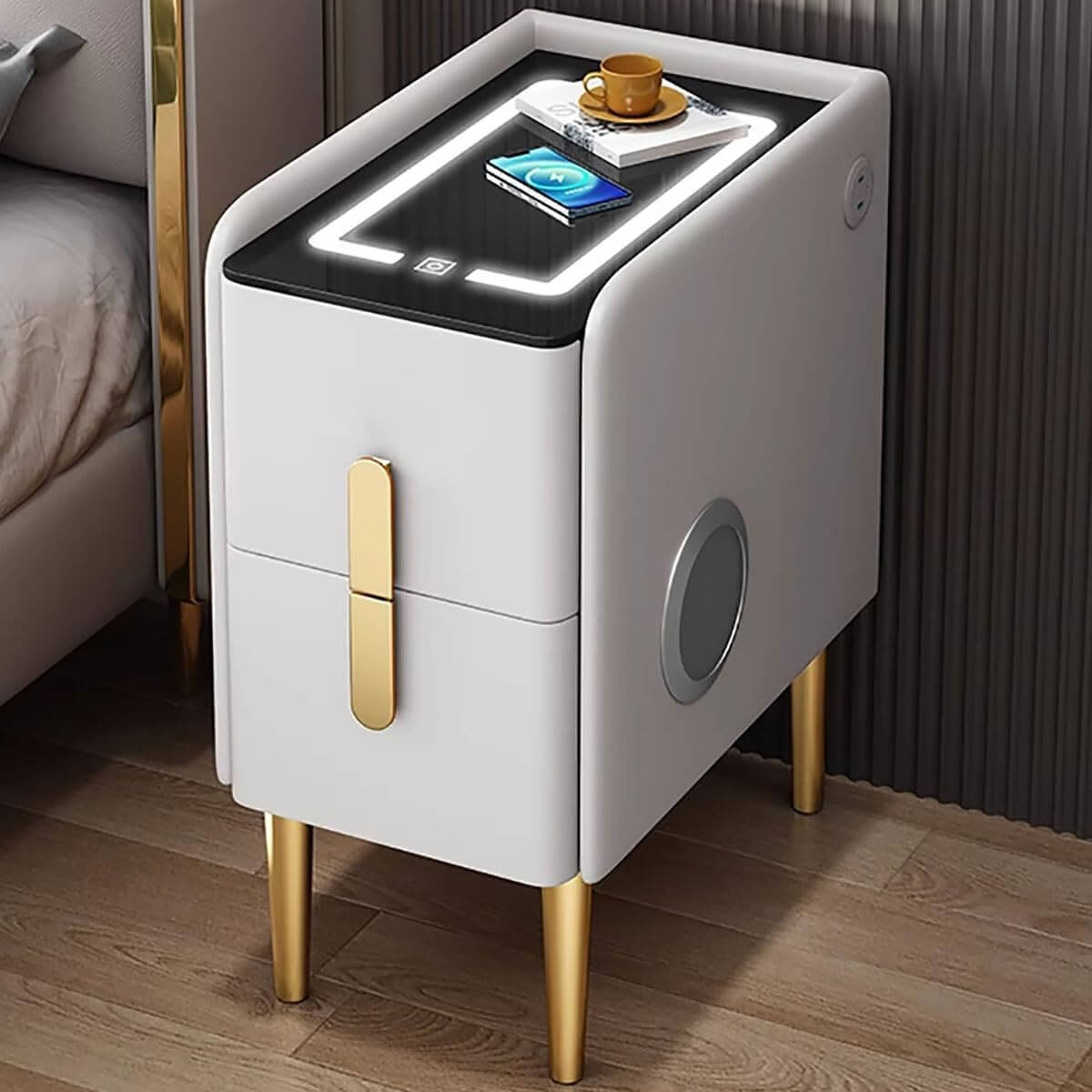 Smart Bedside Table with Wireless Charging, LED Light & Bluetooth Speaker