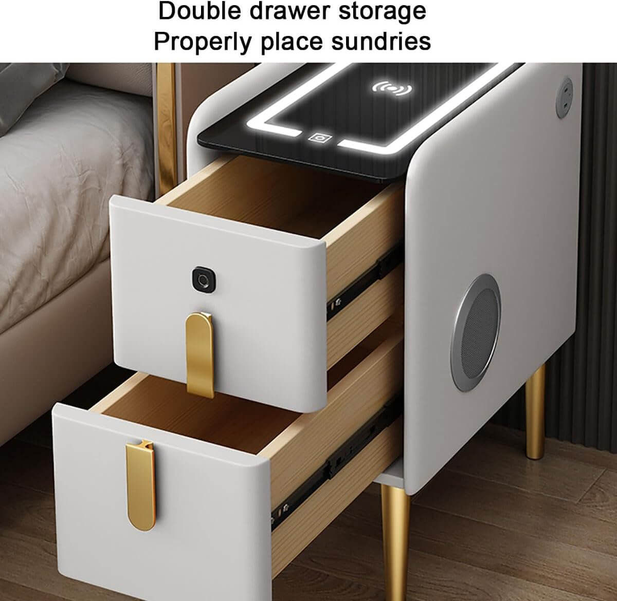 Smart Bedside Table with Wireless Charging, LED Light & Bluetooth Speaker