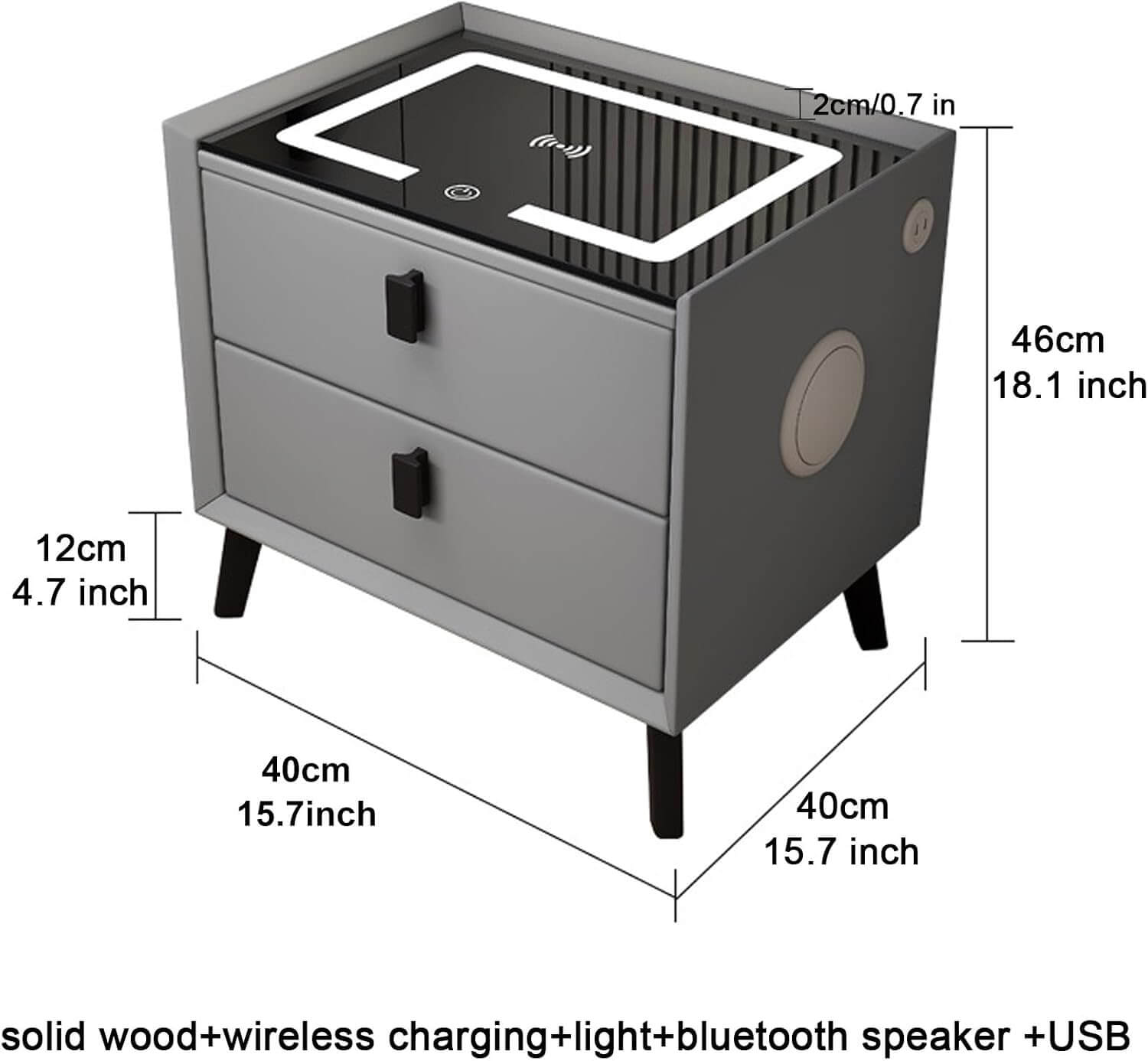 Smart Bedside Table with LED Light, Bluetooth Speaker & Wireless Charging