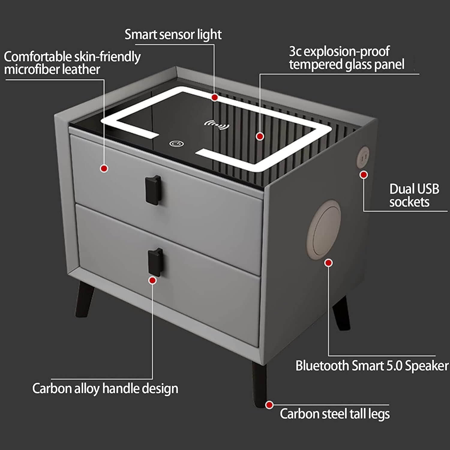 Smart Bedside Table with LED Light, Bluetooth Speaker & Wireless Charging