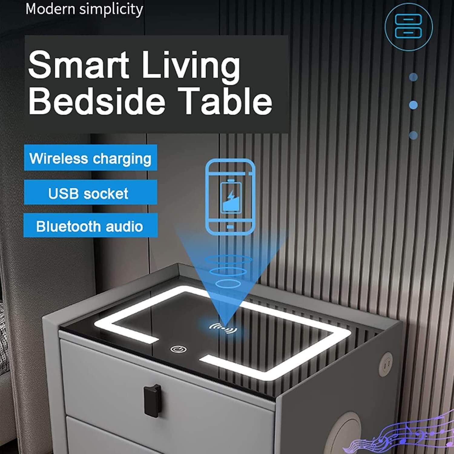 Smart Bedside Table with LED Light, Bluetooth Speaker & Wireless Charging