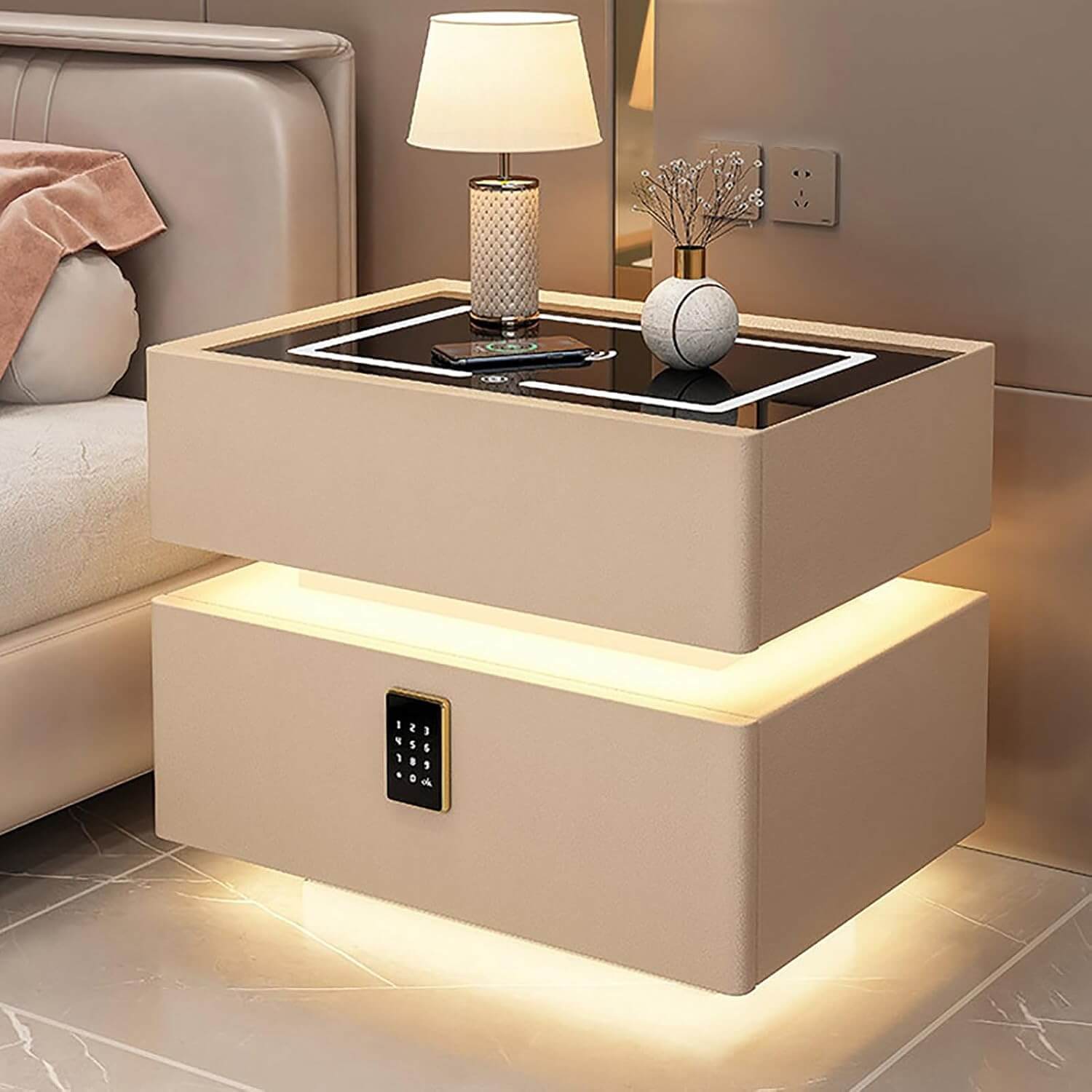 Luxury Floating Smart Bedside Table with Wireless Charging, Digital Password Lock & LED Light