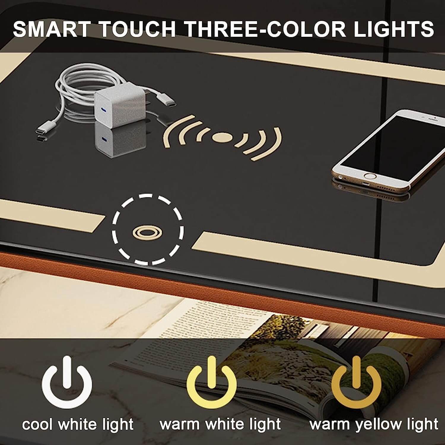 Smart Bedside Table with LED Light, Wireless Charging & Keypad Lock