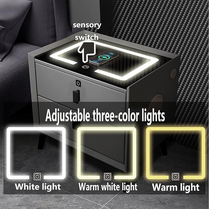 Smart Bedside Table with LED Light, Bluetooth Speaker & Wireless Charging