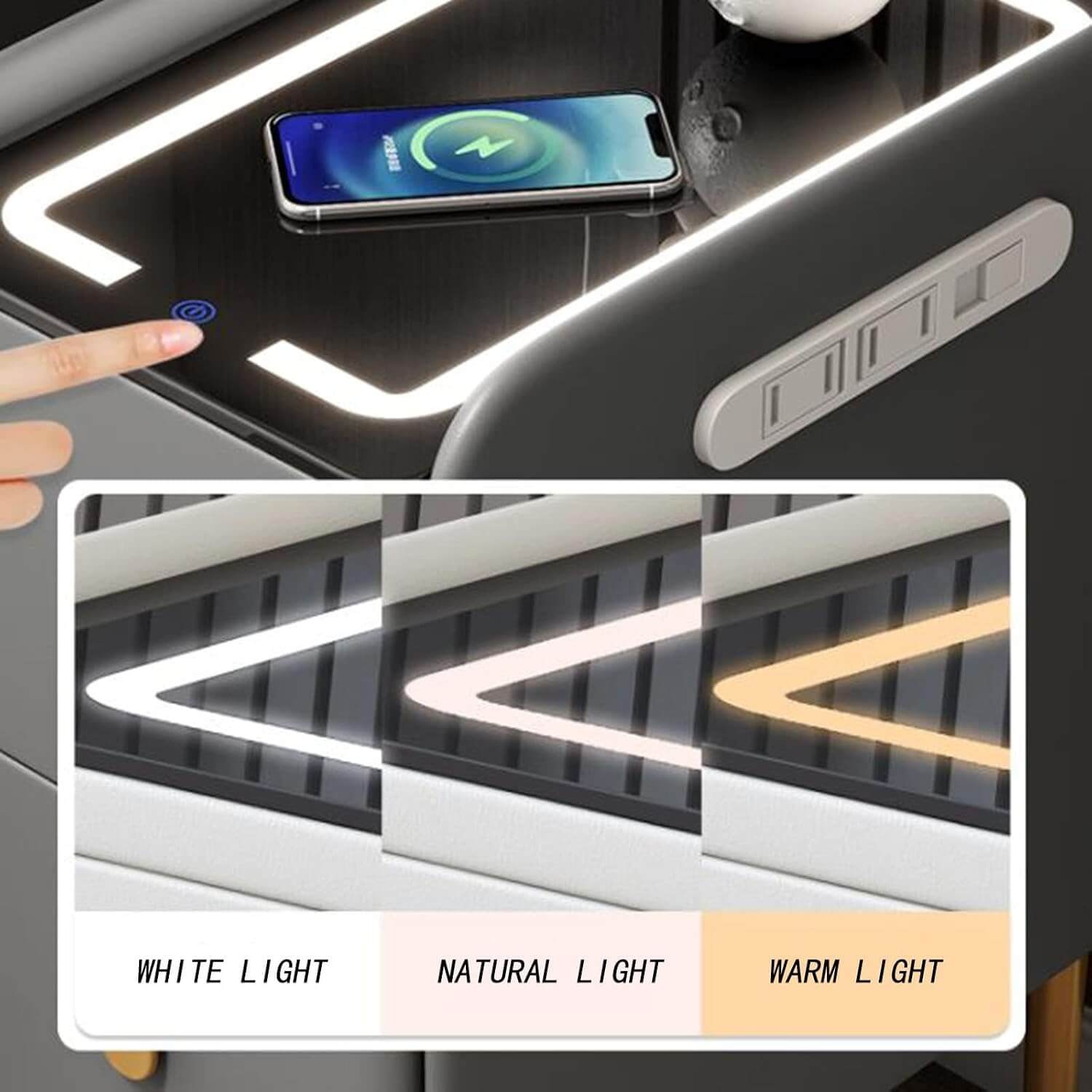 Smart Bedside Table with Wireless Charging, LED Light & Bluetooth Speaker