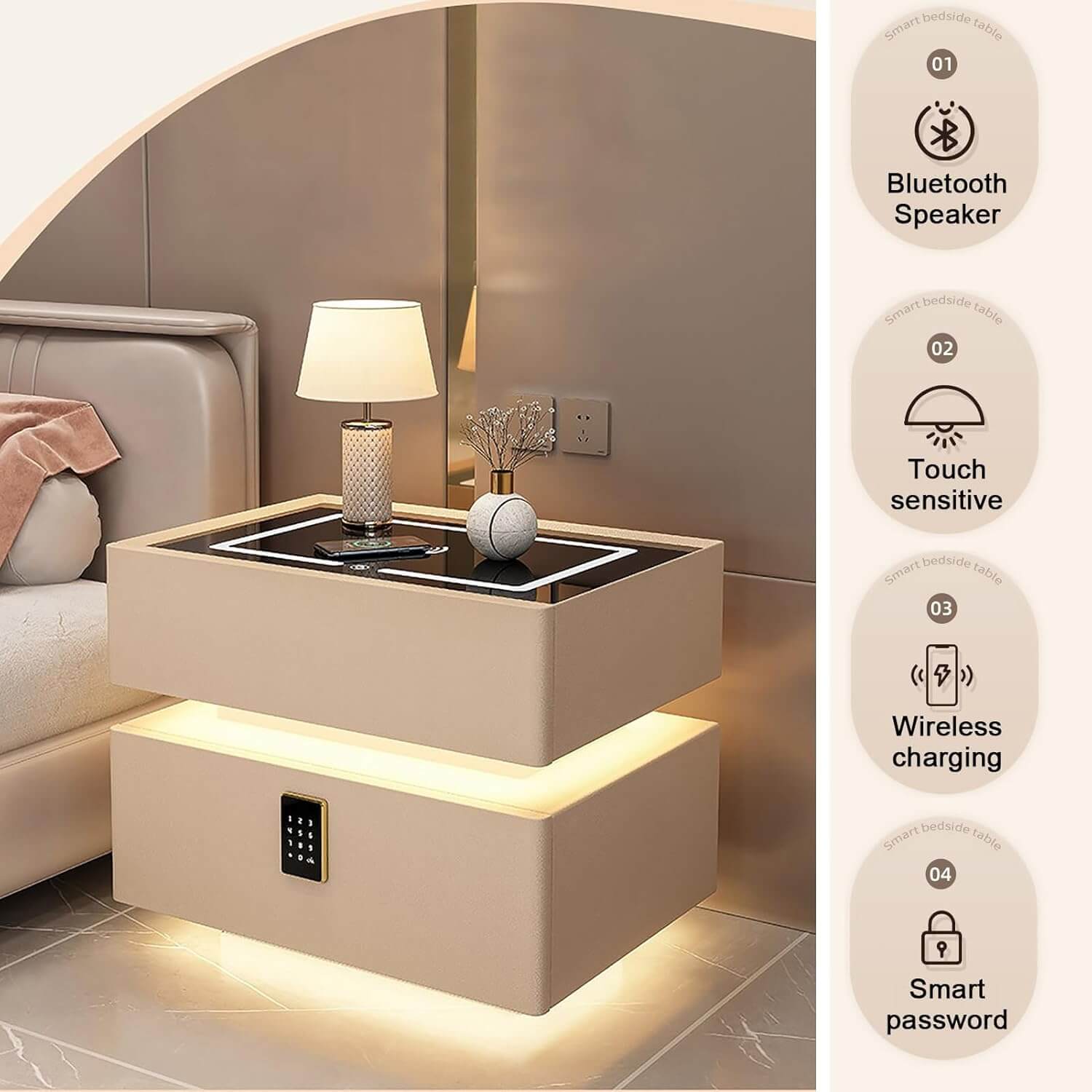 Luxury Floating Smart Bedside Table with Wireless Charging, Digital Password Lock & LED Light