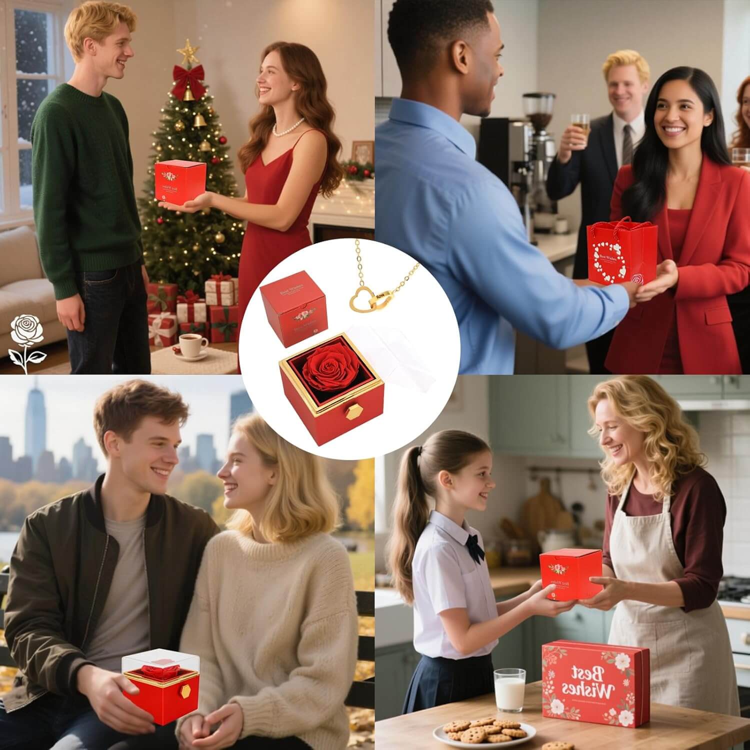 Eternal Rose with Engraved Necklace & Real rose