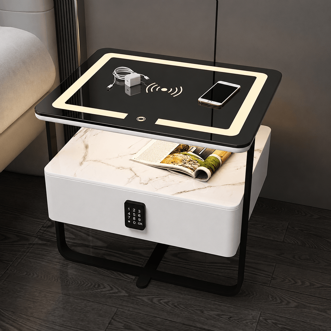 Smart Bedside Table with LED Light, Wireless Charging & Keypad Lock