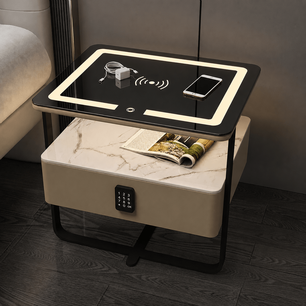Smart Bedside Table with LED Light, Wireless Charging & Keypad Lock