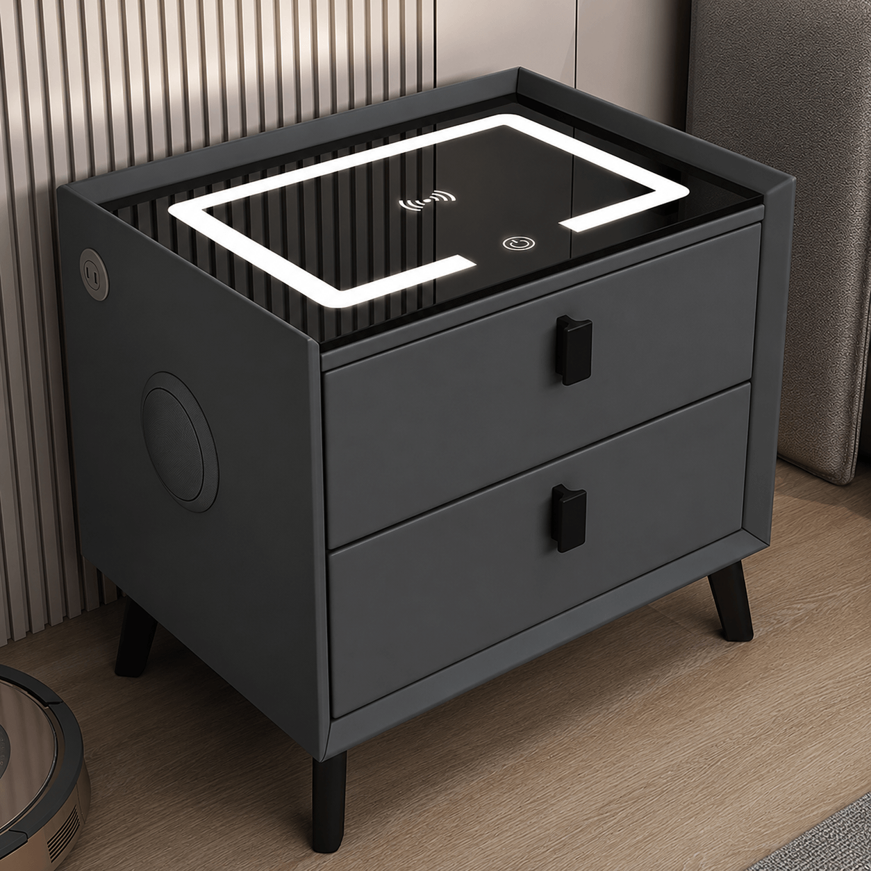 Smart Bedside Table with LED Light, Bluetooth Speaker & Wireless Charging