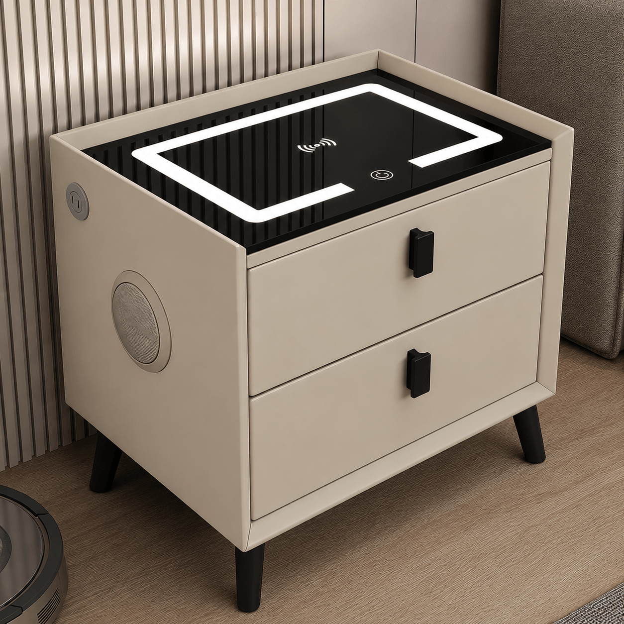 Smart Bedside Table with LED Light, Bluetooth Speaker & Wireless Charging