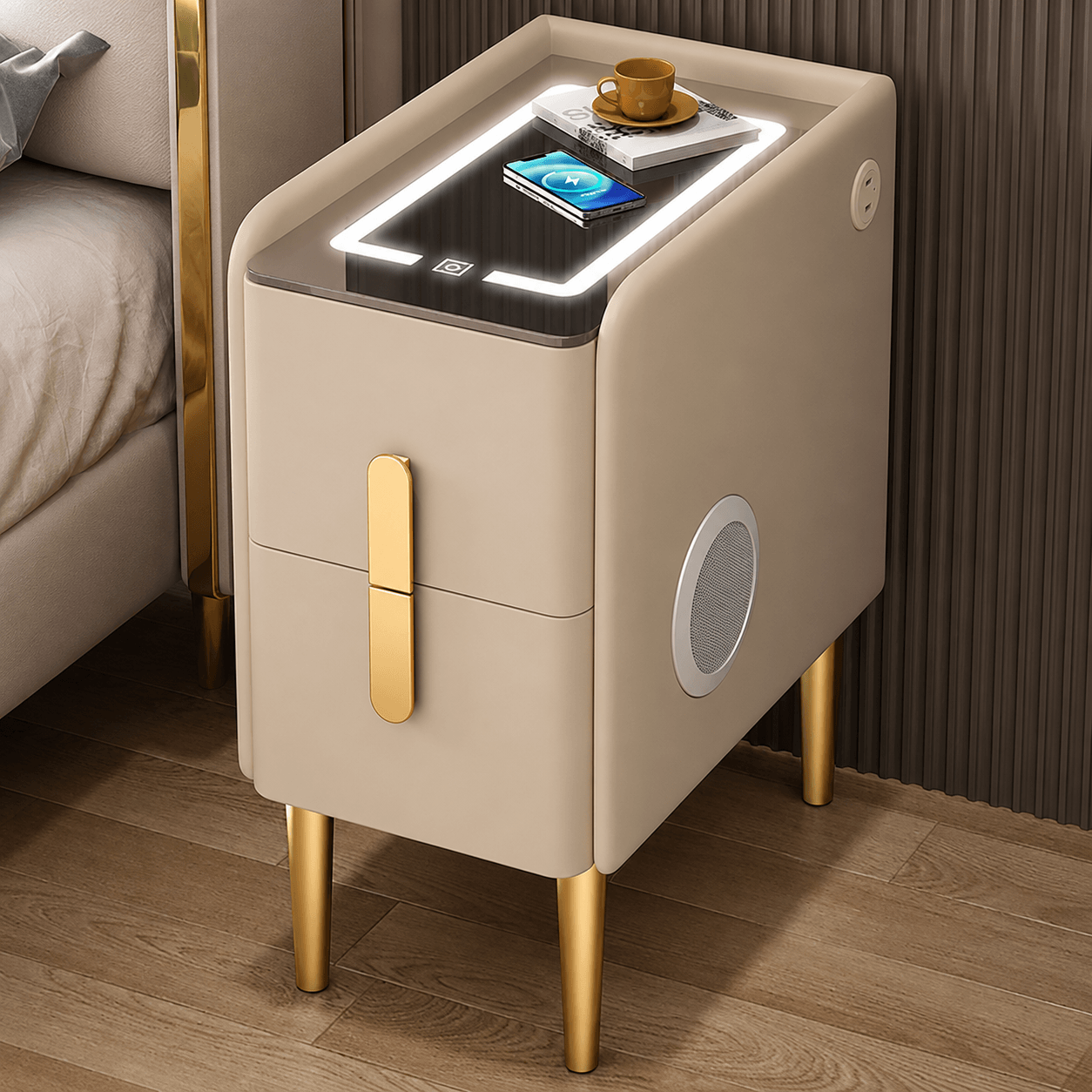 Smart Bedside Table with Wireless Charging, LED Light & Bluetooth Speaker