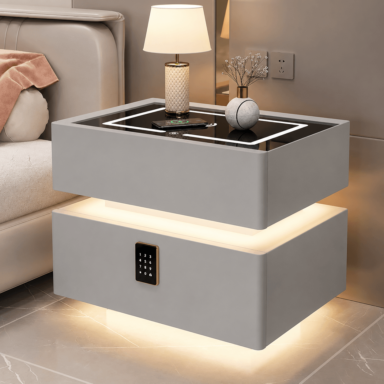 Luxury Floating Smart Bedside Table with Wireless Charging, Digital Password Lock & LED Light