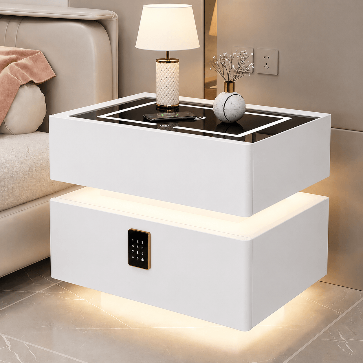 Luxury Floating Smart Bedside Table with Wireless Charging, Digital Password Lock & LED Light